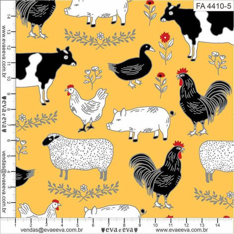 Tricoline estampado fazendinha animais fundo amarelo 50x150cm - Un