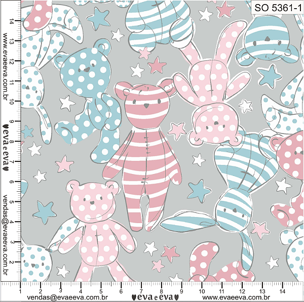 Tricoline sonhos urso rosa fundo cinza 50x150cm - Un