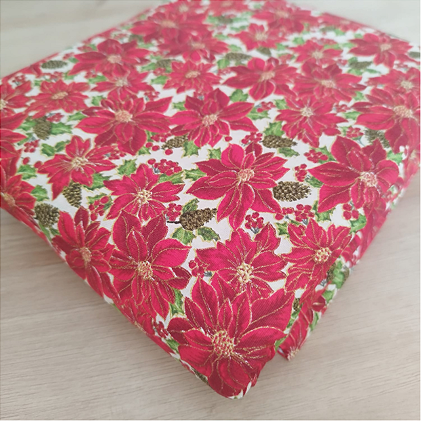 Tricoline estampado flor de natal fundo bege 50x150cm - Un