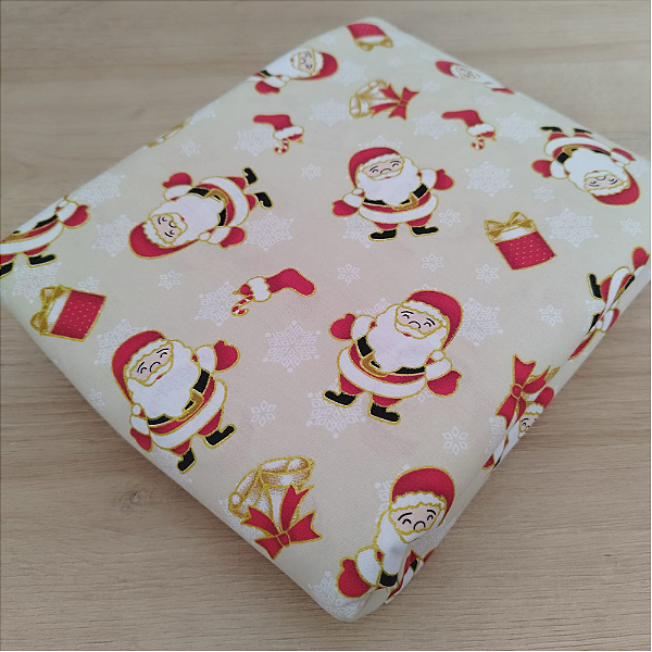 Tricoline estampado Papai Noel e presentes fundo bege 50x150cm - Un