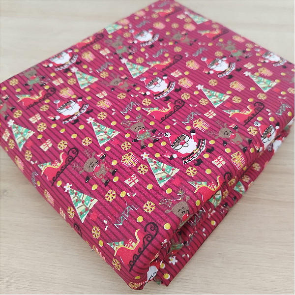 Tricoline estampado Papai Noel e renas fundo vermelho 50x150cm - Un