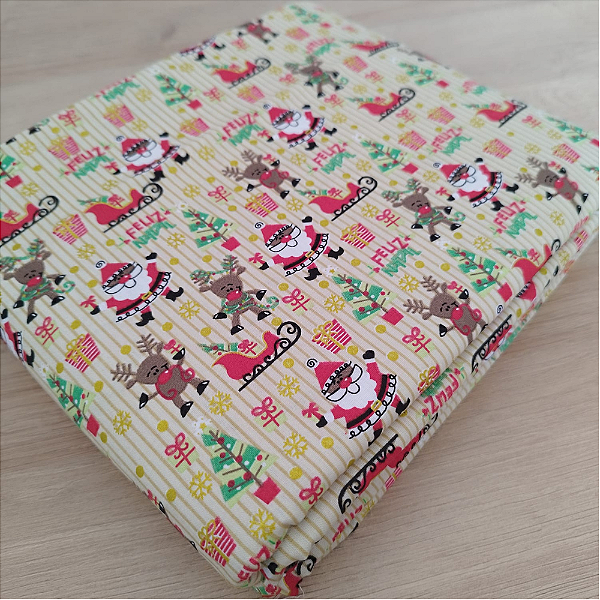 Tricoline estampado Papai Noel e renas fundo bege 50x150cm - Un