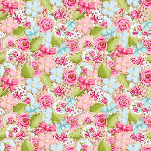 Tricoline digital cookies flores fundo rosa 50x150cm - Un