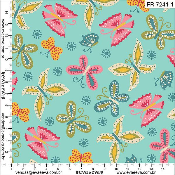 Tricoline florescer borboletas fundo azul claro 50x150cm - Un