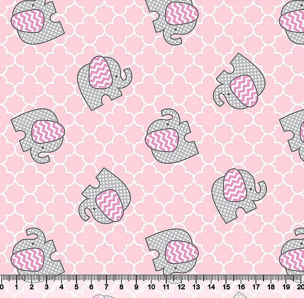 Tricoline elefantes cinzas fundo rosa 50x150cm - Un