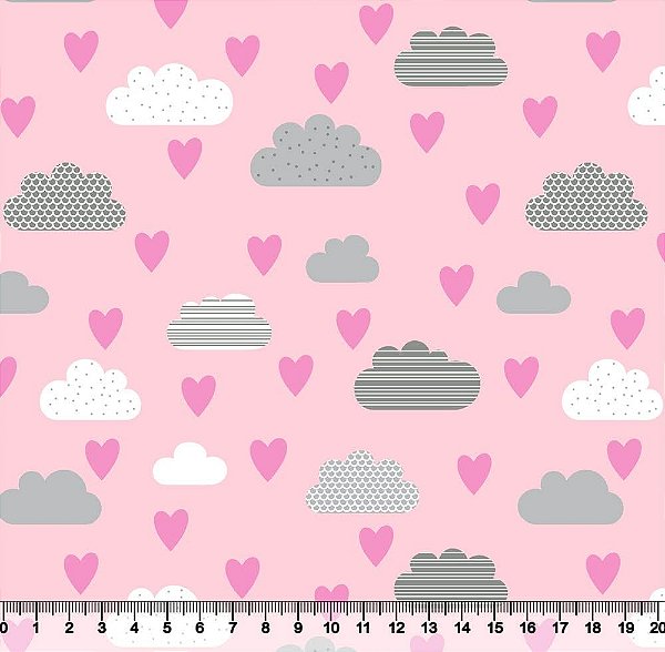 Tricoline nuvens e corações fundo rosa 50x150cm - Un