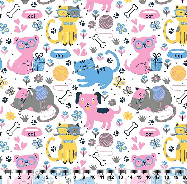 Tricoline gatos e cachorros fundo branco 50x150cm - Un