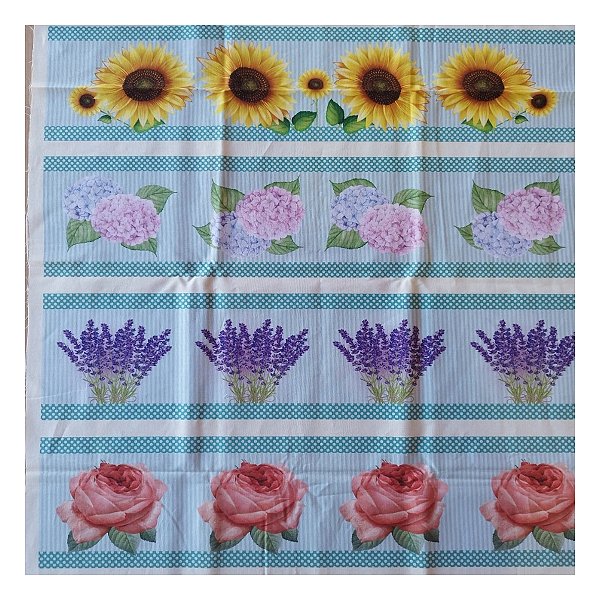 Tricoline 100% algodão barrados 50x148cm c/ 11 faixas - Flores fundo Tiffany
