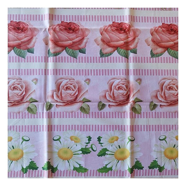Tricoline 100% algodão barrados 50x148cm c/ 11 faixas - Flores fundo rosa
