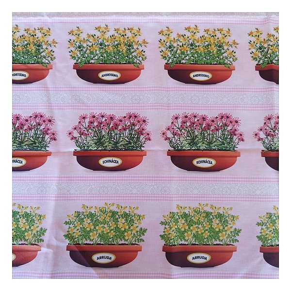 Tricoline 100% algodão barrados 50x148cm c/ 11 faixas - Ervas e especiaria fundo rosa