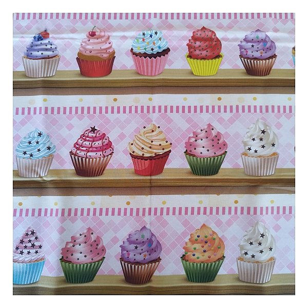 Tricoline 100% algodão barrados 50x148cm c/ 11 faixas - Cupcakes fundo azul e rosa