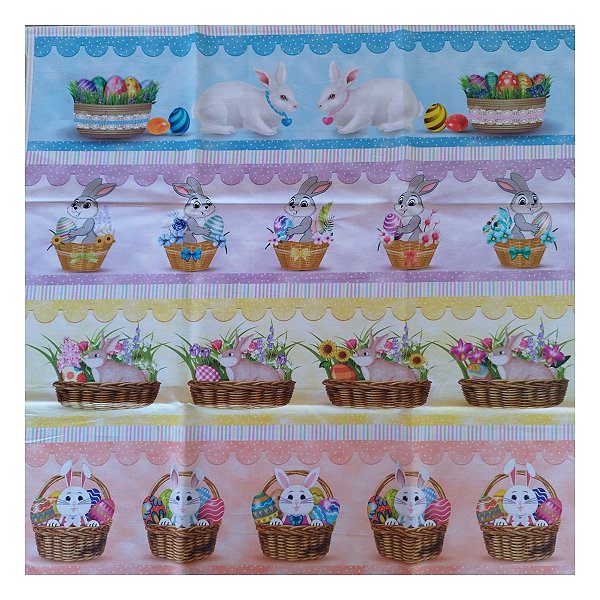 Tricoline 100% algodão barrados 50x148cm c/ 11 faixas - Coelhinhos na cesta
