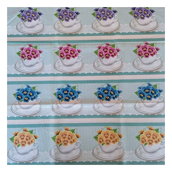 Tricoline 100% algodão barrados 50x148cm c/ 11 faixas - Amor perfeito fundo Tiffany