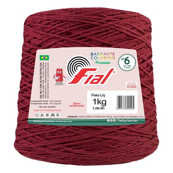 Barbante Colorido Premium Fio 6 1Kg Fial - Bordô - Un