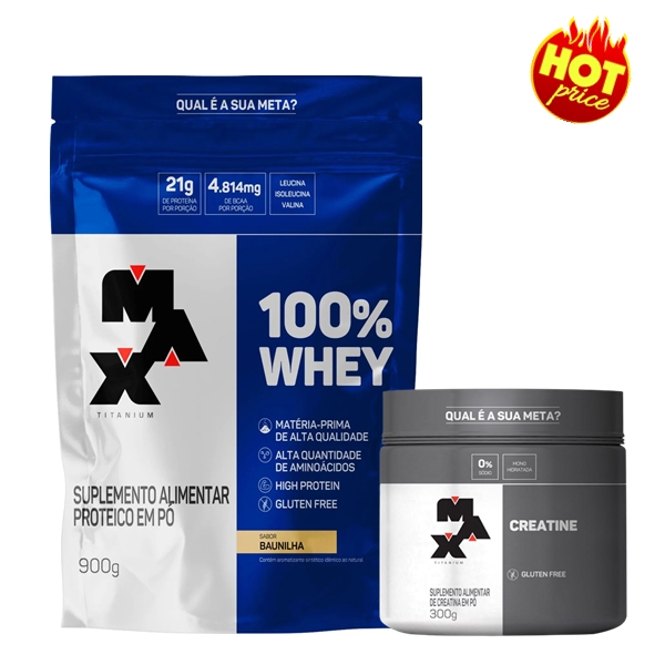 Kit Max Titanium: Whey 100% Refil 900g + Creatina 300g