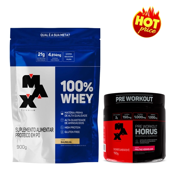 PROMO Max Titanium: Whey 100% Refil 900g + Hórus 150g Frutas Vermelhas