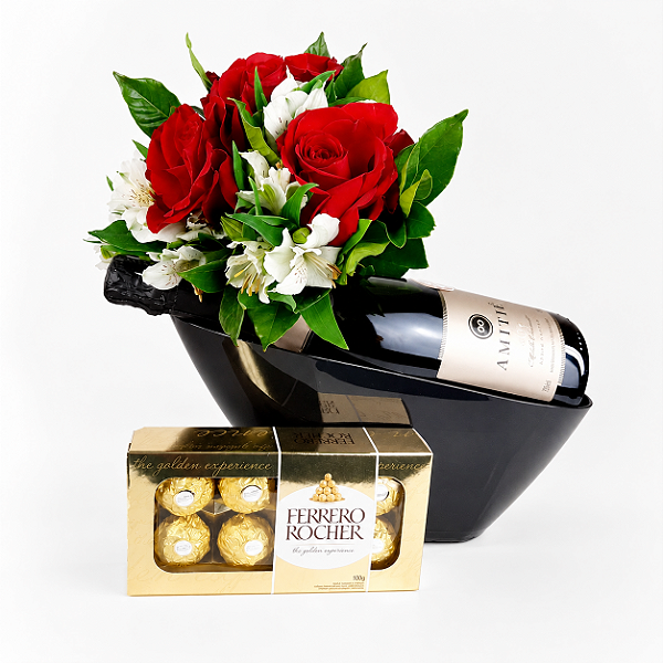Kit Trio de Rosas Colombianas com Ferrero e Espumante