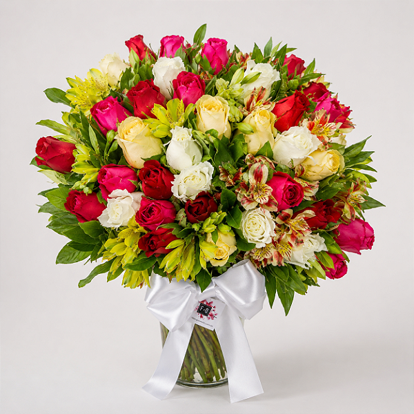 Arranjo de 50 Rosas Coloridas em Vaso
