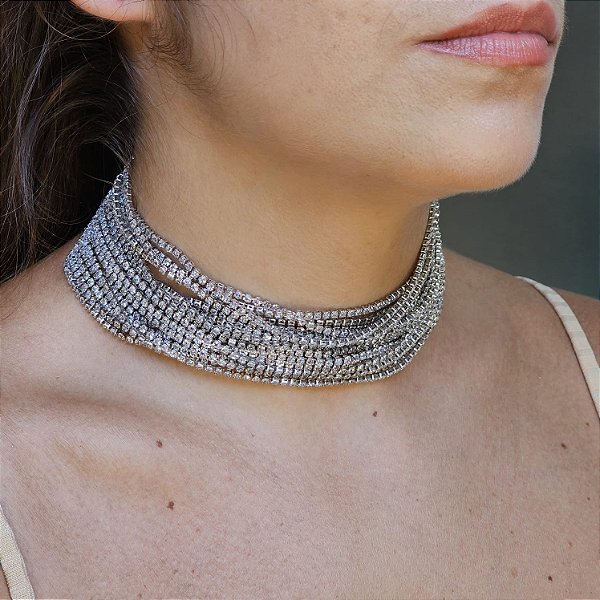 Choker fios de strass prata