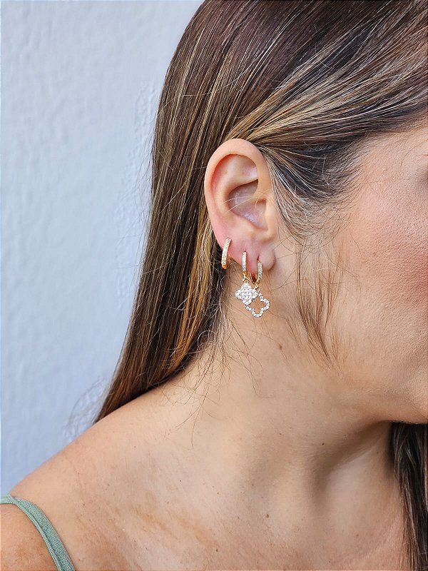 Trio de argolinhas trevo dourado