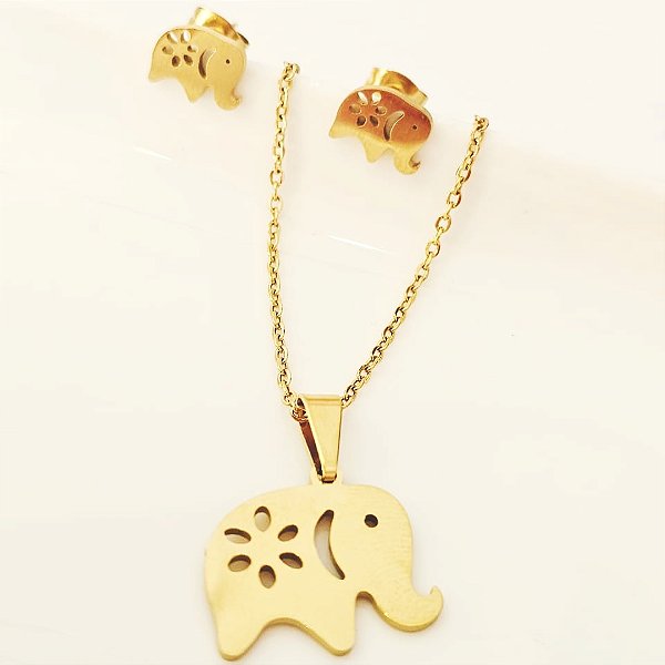 Conjunto Elefante Dourado Aço Inoxidável