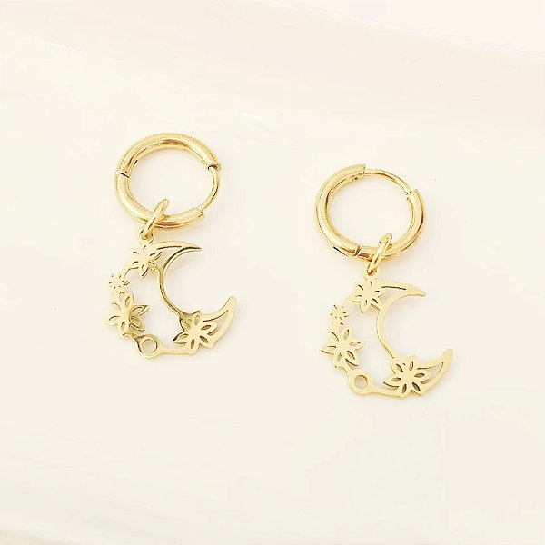 Brinco Argolinha Lua Florida Dourado Aço Inoxidável