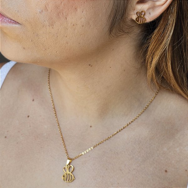 Conjunto Abelhinha Dourado Aço Inoxidável