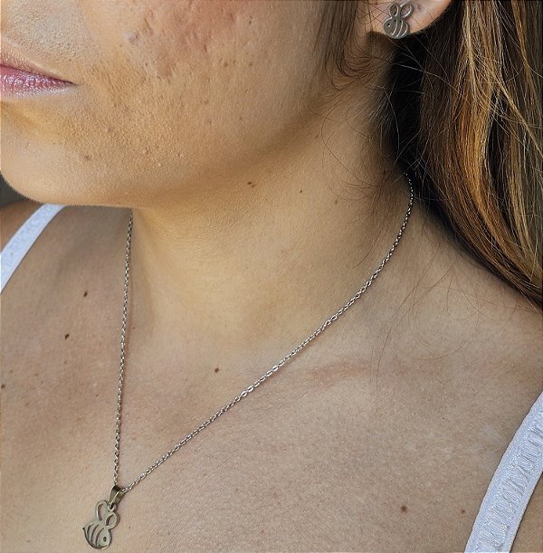 Conjunto Abelhinha Prata Aço Inoxidável