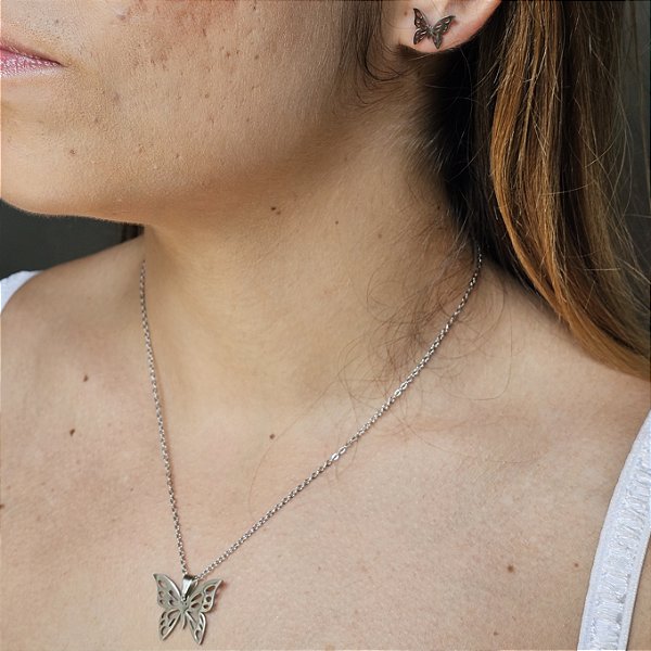 Conjunto Borboleta Prata Aço Inoxidável