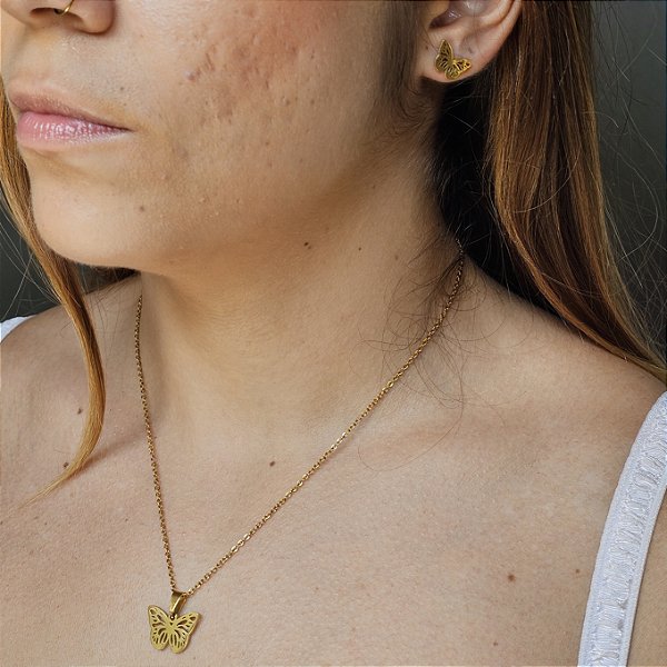 Conjunto Borboleta Mini Dourado Aço Inoxidável