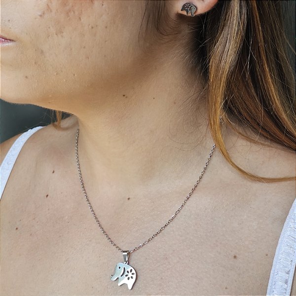 Conjunto Elefante Prata Aço Inoxidável