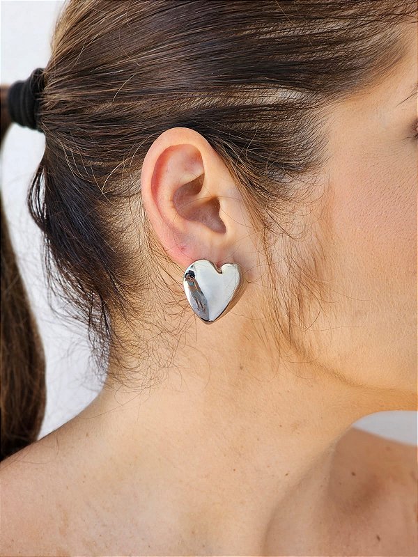 Brinco coração bold prata