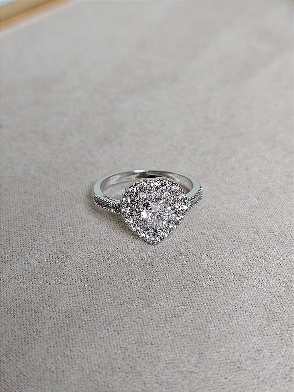 Anel coração cravejado prata cristal