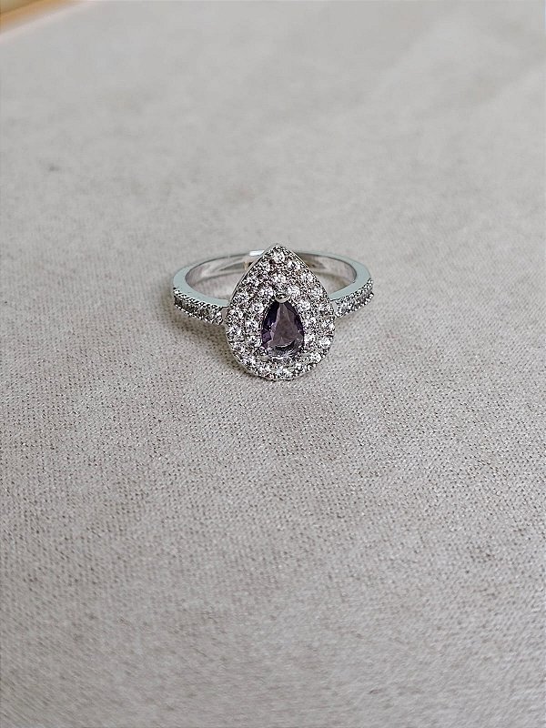Anel gota cravejada roxo prata
