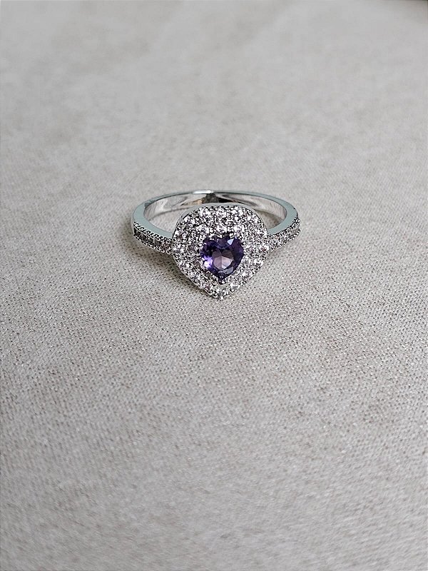 Anel coração cravejada roxo prata