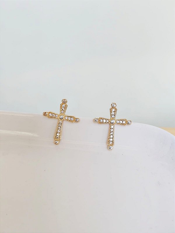 Brinco mini cruz cravejada dourada