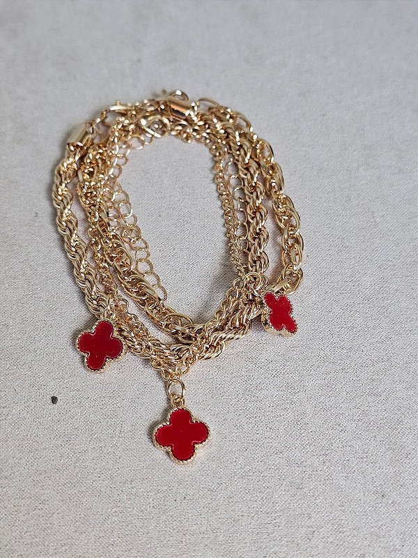 Trio pulseira trevo vermelha