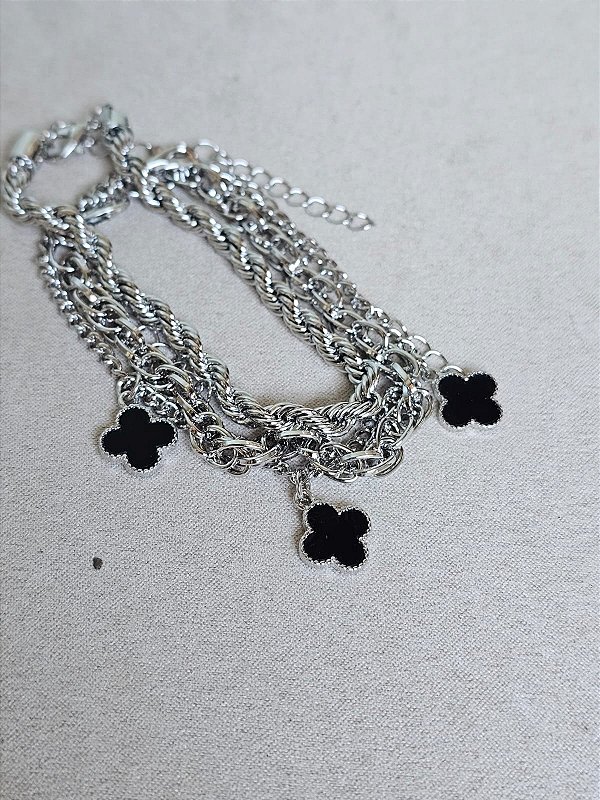 Trio pulseira trevo preta prata