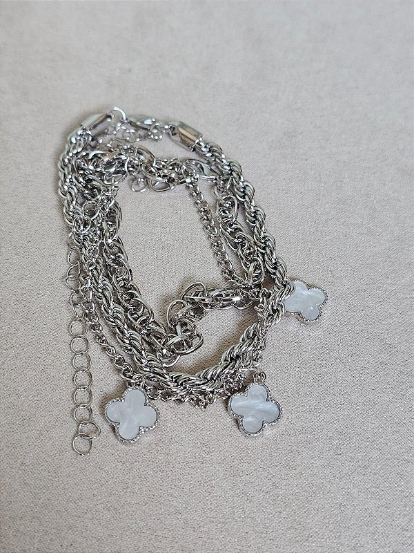 Trio pulseira trevo branca prata