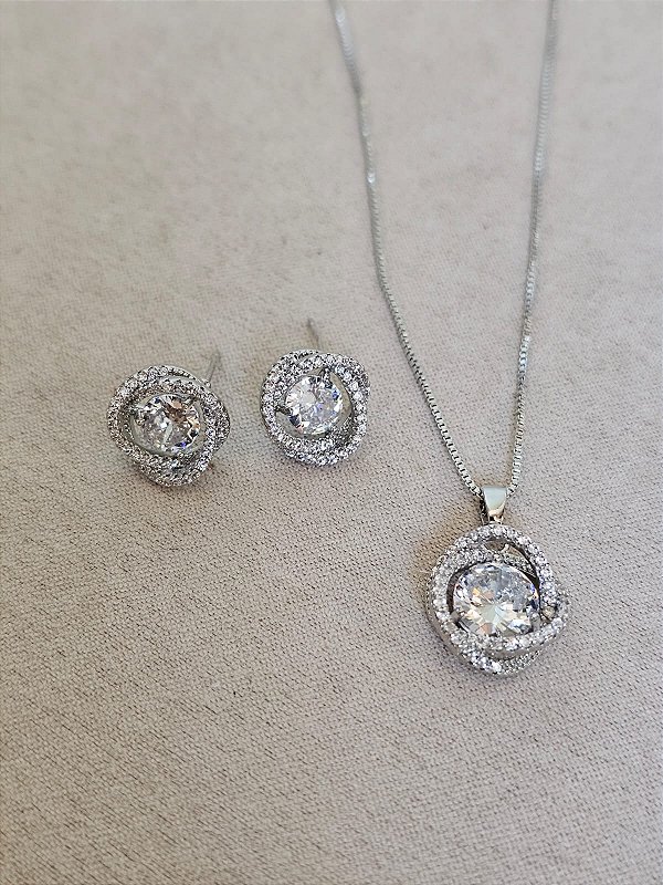 Conjunto flor zircônia prata