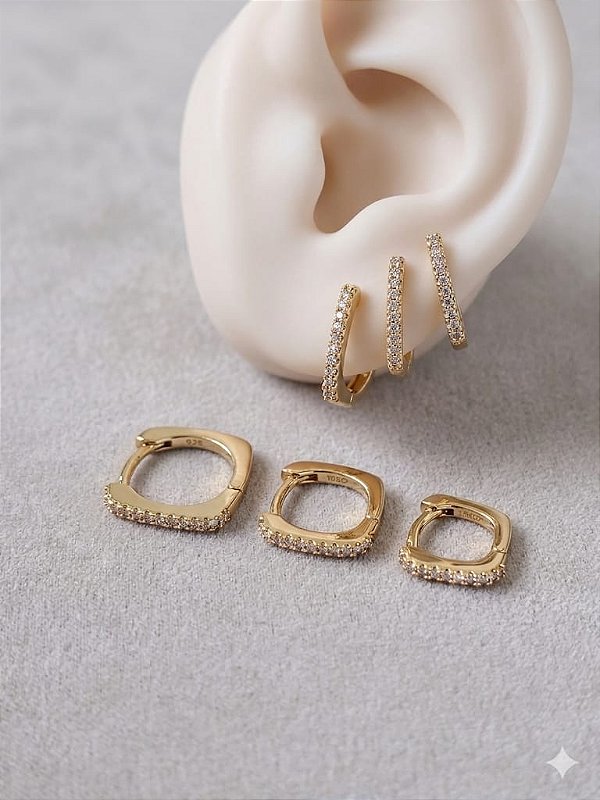 Trio de argola cravejada dourada
