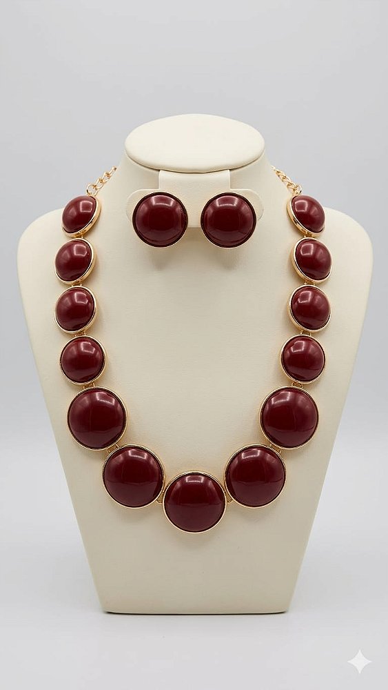 Conjunto colar e brinco marsala