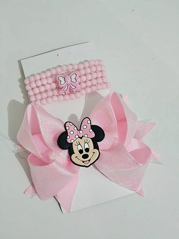 Conj Laço e pulseiras Minnie rosa