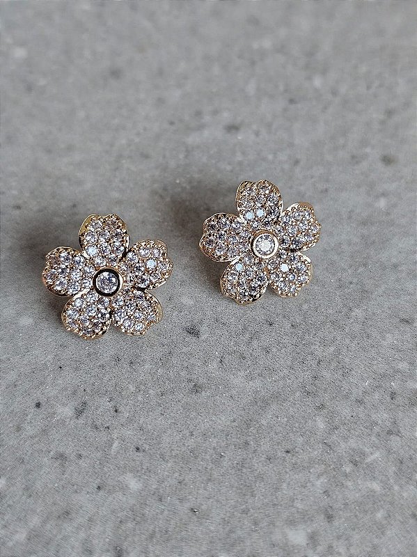 Brinco mini flor cravejada dourada