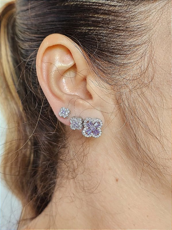 Trio de brinco trevo cravejado lavanda prata