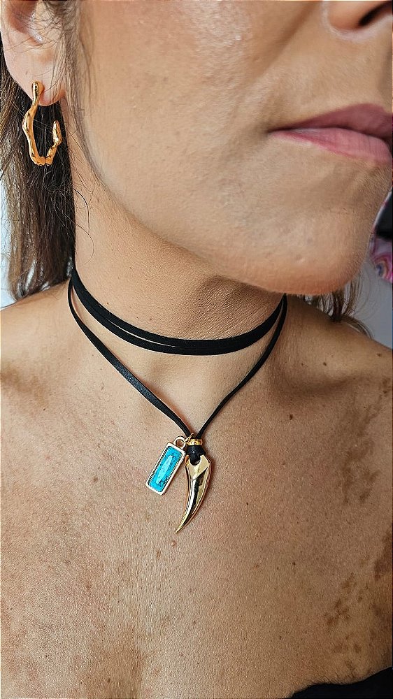Choker amarração pingentes dente metal resina azul
