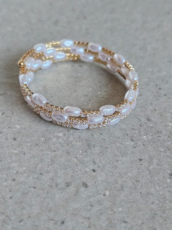 Pulseira voltas pérola dourada