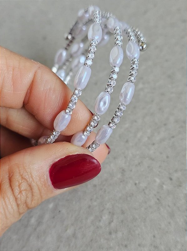 Pulseira voltas pérola prata