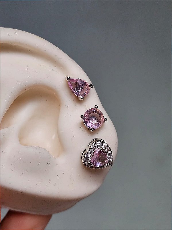 Trio de brinco três formas rosa