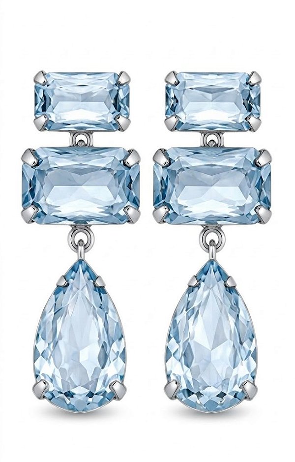 Brinco Longo retangular gota azul prata